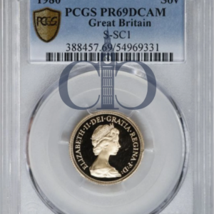1980 Full Sovereign Proof obverse, Arnold Machin's portrait of Queen Elizabeth II, in a PCGS PR69 Deep Cameo holder