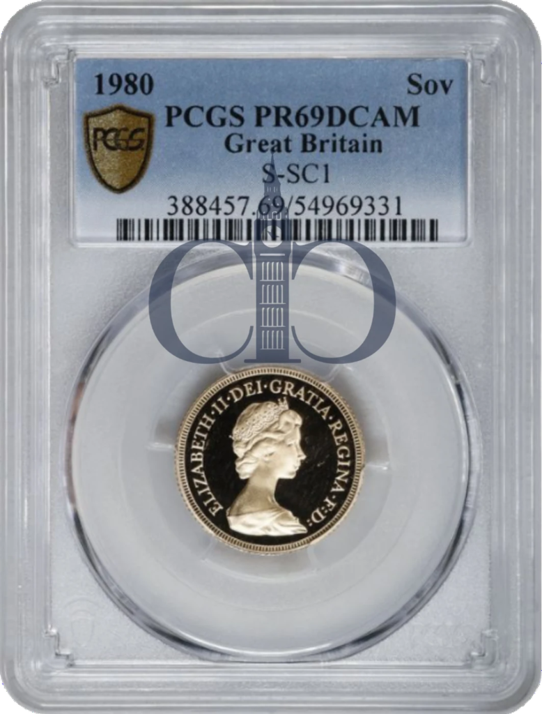 1980 Full Sovereign Proof obverse, Arnold Machin's portrait of Queen Elizabeth II, in a PCGS PR69 Deep Cameo holder