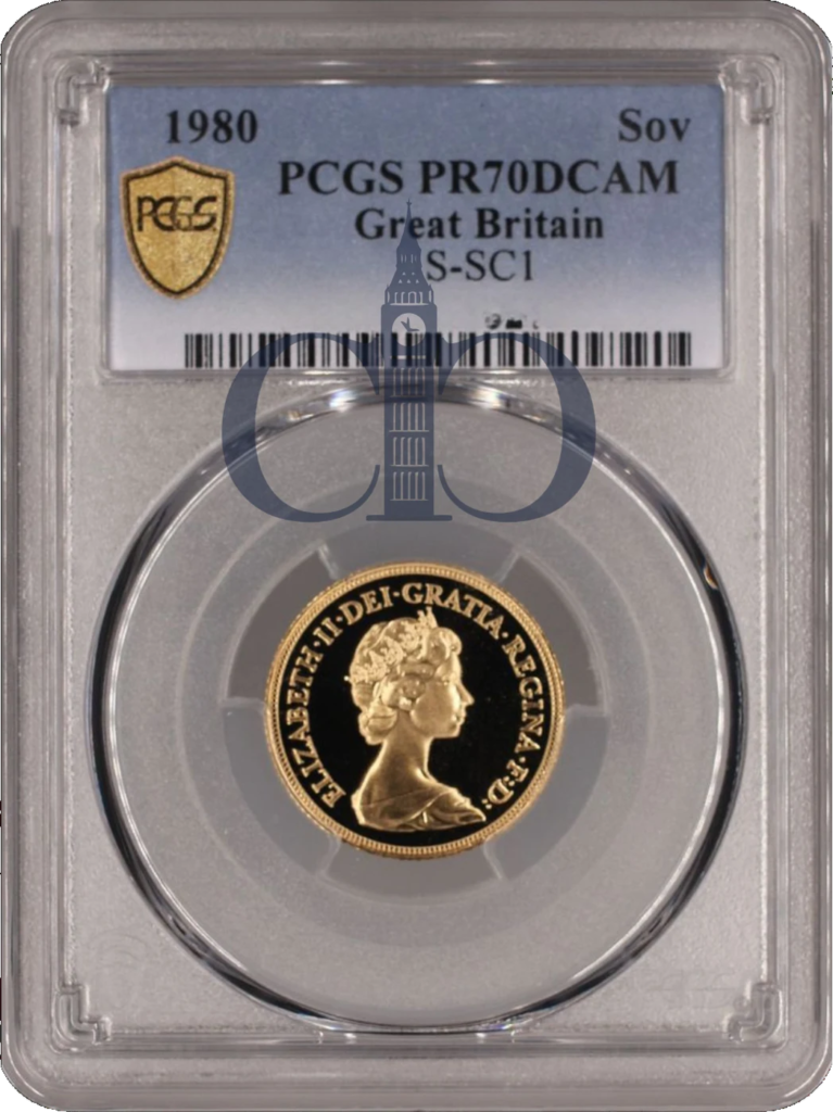 1980 Full Sovereign Proof obverse, Arnold Machin's portrait of Queen Elizabeth II, in a PCGS PR70 Deep Cameo holder
