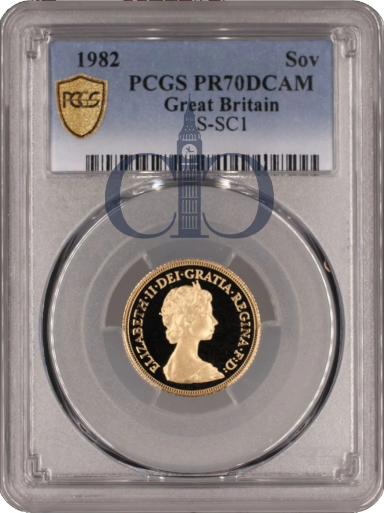 1982 Full Sovereign Proof obverse, Arnold Machin's portrait of Queen Elizabeth II, in a PCGS PR70 Deep Cameo holder