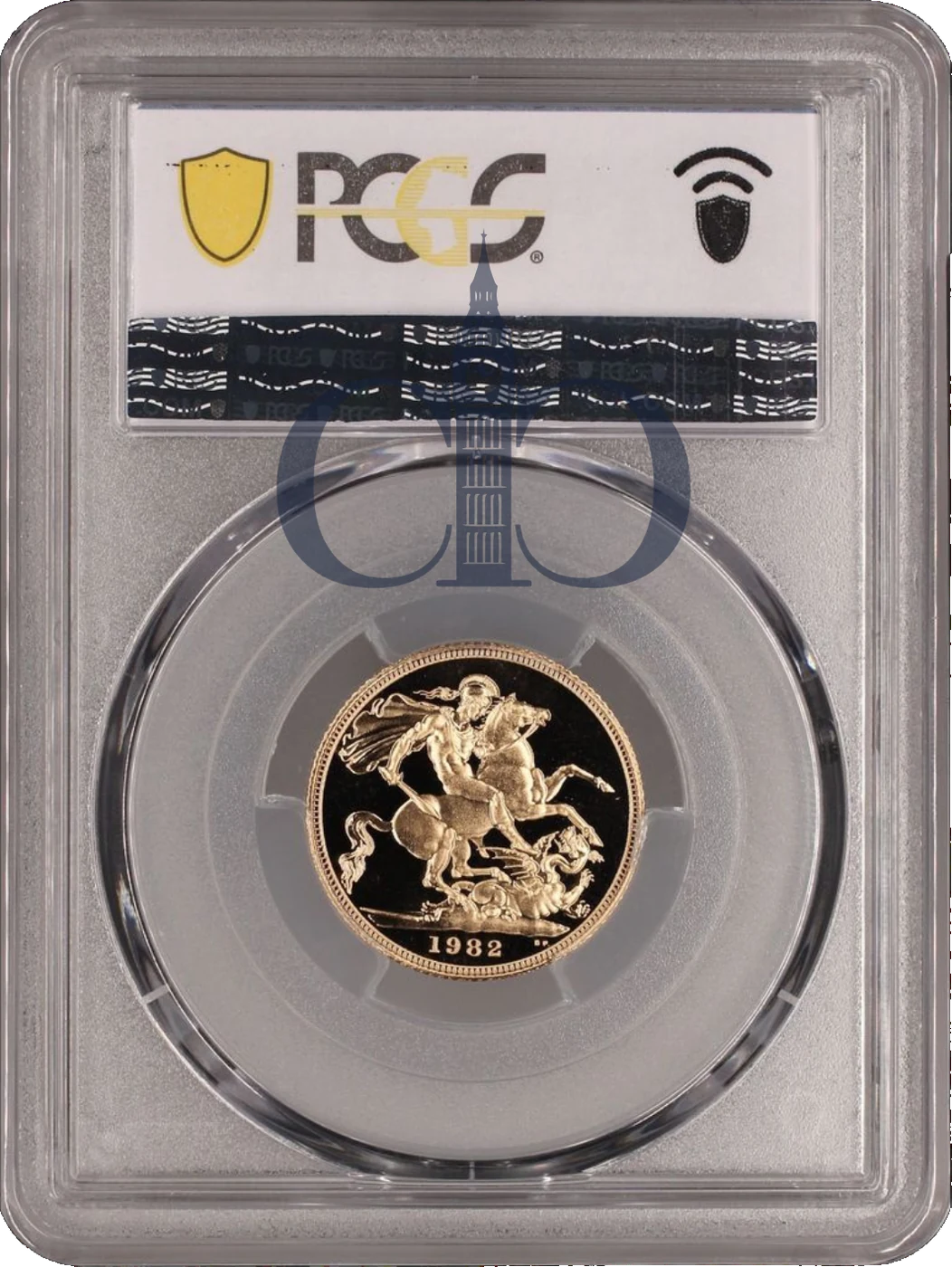 1982 Full Sovereign Proof reverse, Benedetto Pistrucci's Saint George and the dragon, in a PCGS PR70 Deep Cameo holder