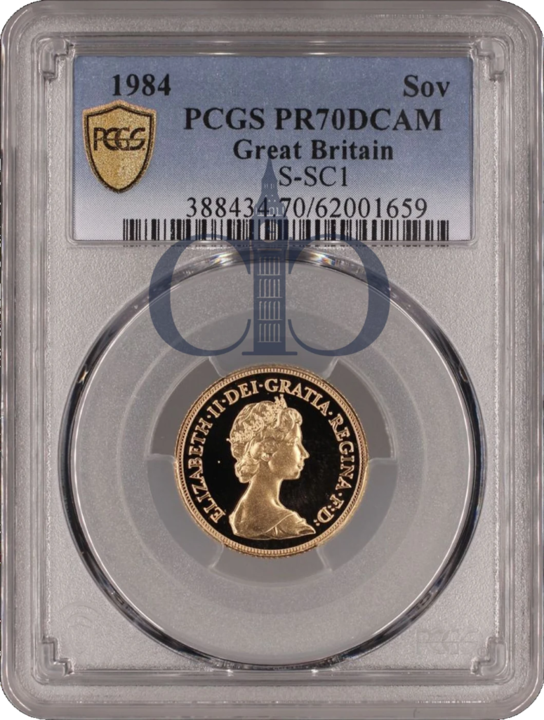 1984 Full Sovereign Proof obverse, Arnold Machin's portrait of Queen Elizabeth II, in a PCGS PR70 Deep Cameo holder