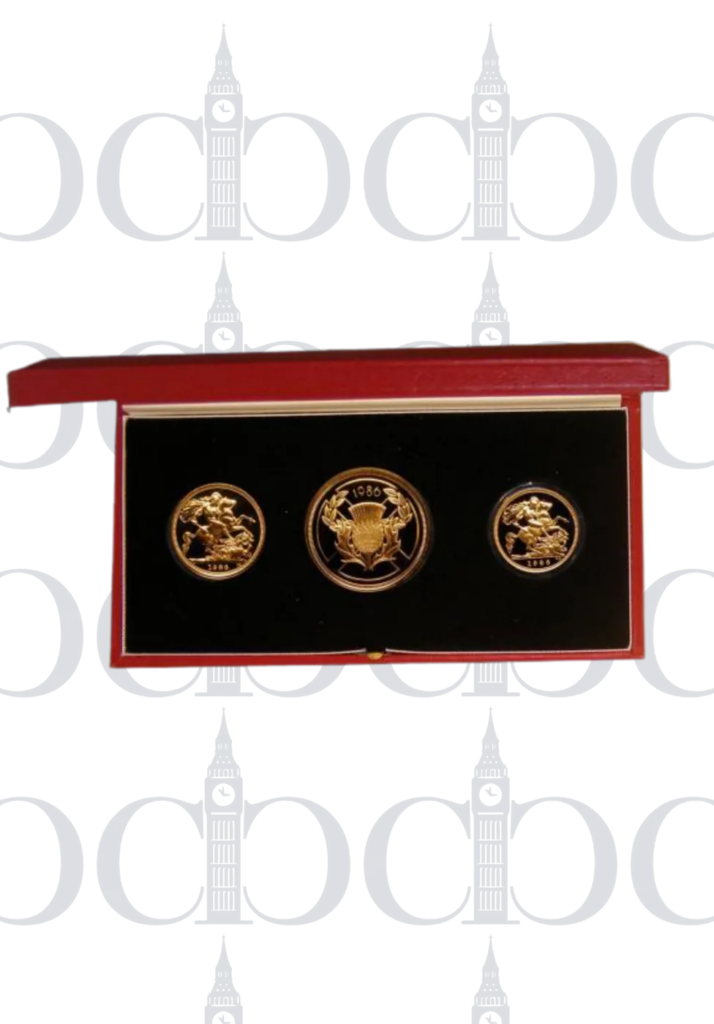 1986 Gold Proof Three Coin Sovereign Set Queen Elizabeth II Commonwealth Games reverse by Benedetto Pistrucci