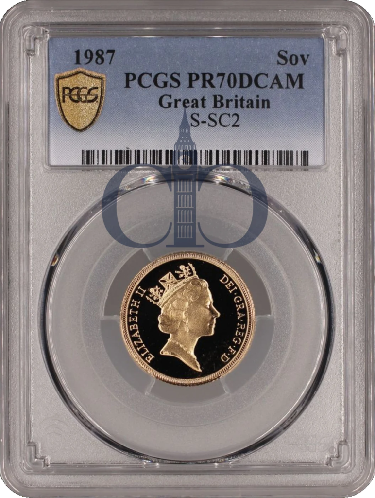 1987 Full Sovereign Proof obverse, Raphael Maklouf's portrait of Queen Elizabeth II, in a PCGS PR70 Deep Cameo holder
