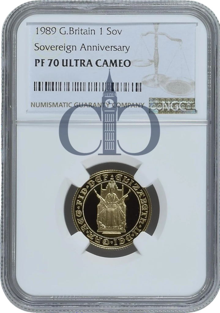 1989 Sovereign 500th Anniversary obverse, Bernard Sindall's enthroned Queen Elizabeth II on the Coronation Chair, in an NGC PF70 Ultra Cameo holder