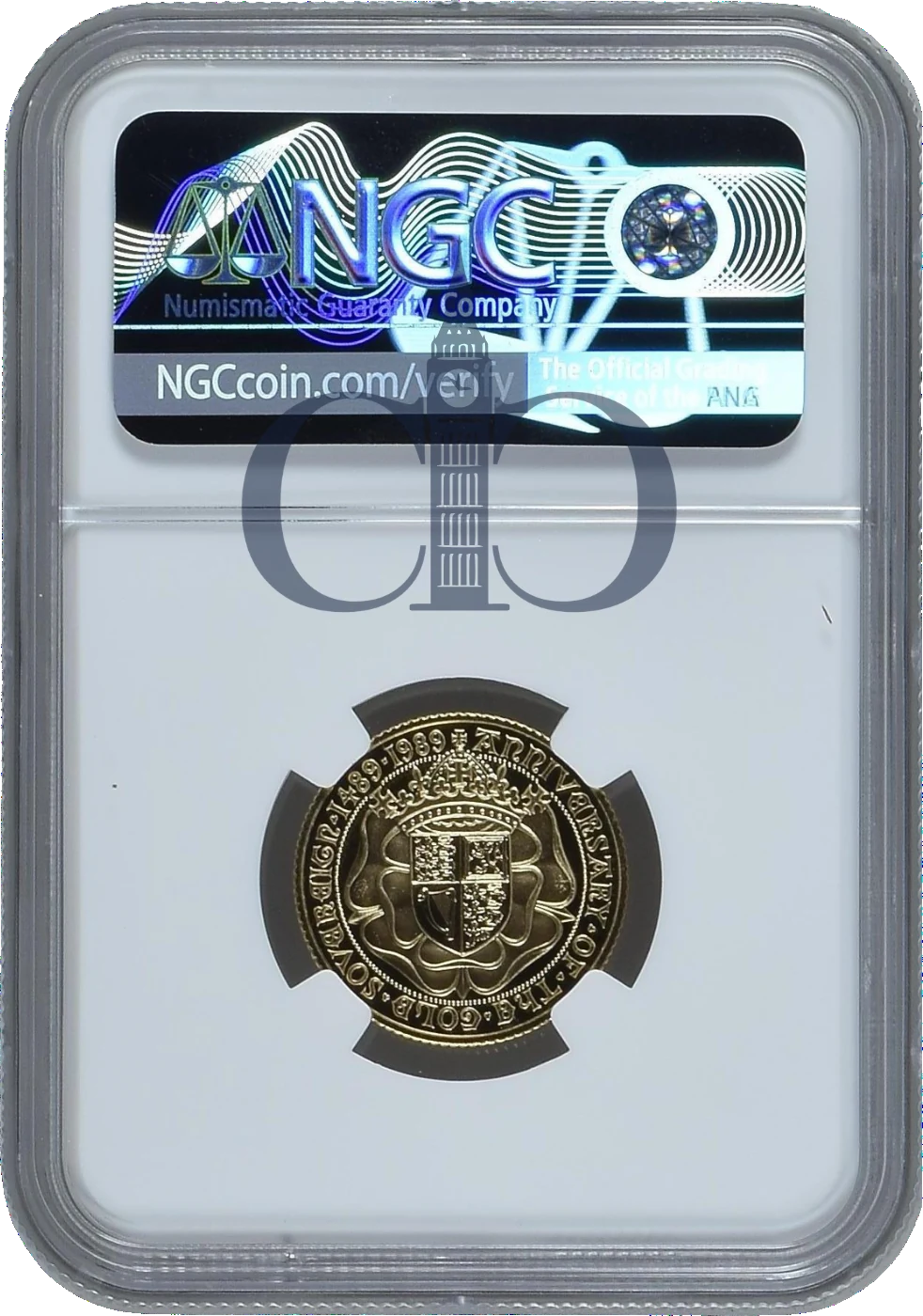 1989 Sovereign 500th Anniversary reverse, Bernard Sindall's crowned shield on a double Tudor rose, in an NGC PF70 Ultra Cameo holder