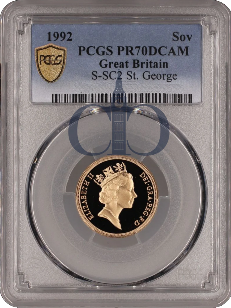 1992 Full Sovereign Proof obverse, Raphael Maklouf's portrait of Queen Elizabeth II, in a PCGS PR70 Deep Cameo holder