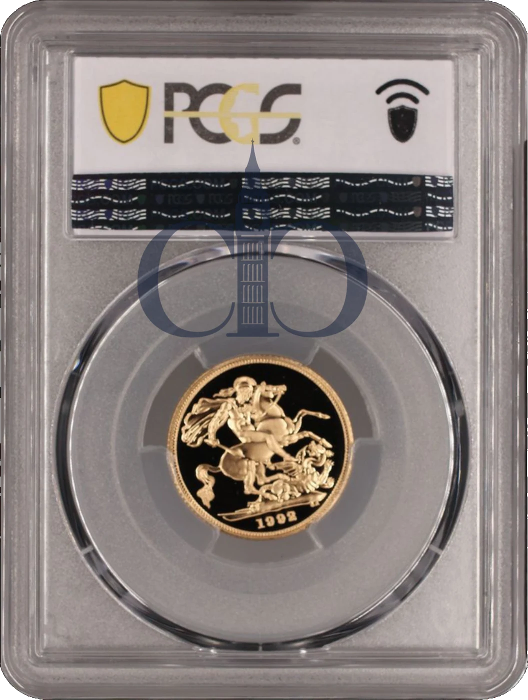 1992 Full Sovereign Proof reverse, Benedetto Pistrucci's Saint George and the dragon, in a PCGS PR70 Deep Cameo holder