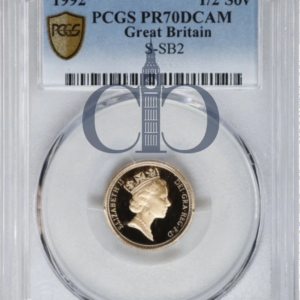 1992 Half Sovereign Proof obverse, Raphael Maklouf's portrait of Queen Elizabeth II, in a PCGS PR70 Deep Cameo holder