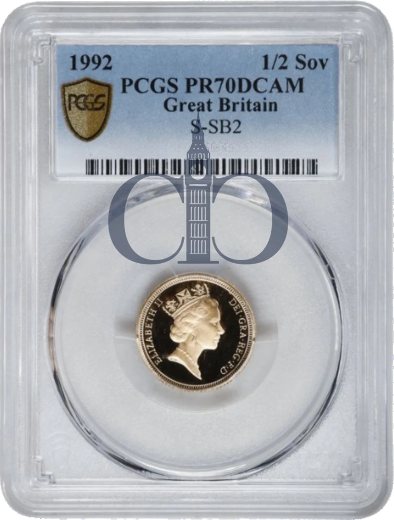 1992 Half Sovereign Proof obverse, Raphael Maklouf's portrait of Queen Elizabeth II, in a PCGS PR70 Deep Cameo holder