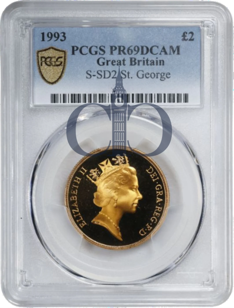 1993 Double Sovereign Proof obverse, Raphael Maklouf's portrait of Queen Elizabeth II, in a PCGS PR69 Deep Cameo holder