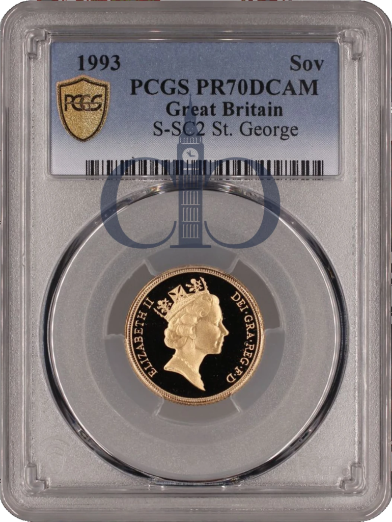 1993 Full Sovereign Proof obverse, Raphael Maklouf's portrait of Queen Elizabeth II, in a PCGS PR70 Deep Cameo holder