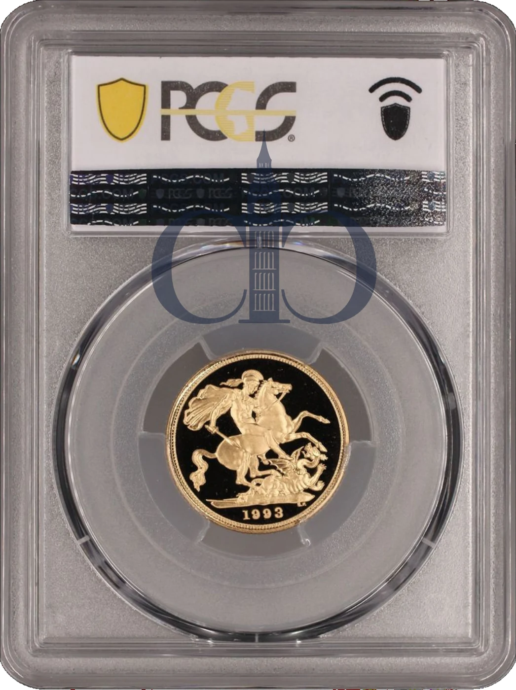 1993 Full Sovereign Proof reverse, Benedetto Pistrucci's Saint George and the dragon, in a PCGS PR70 Deep Cameo holder