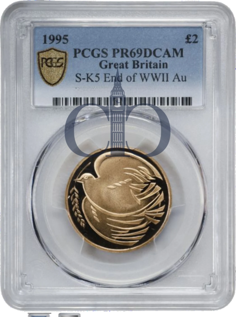 1995 £2 Dove of Peace Proof reverse, John Mills' dove carrying an olive branch, in a PCGS PR69 Deep Cameo holder