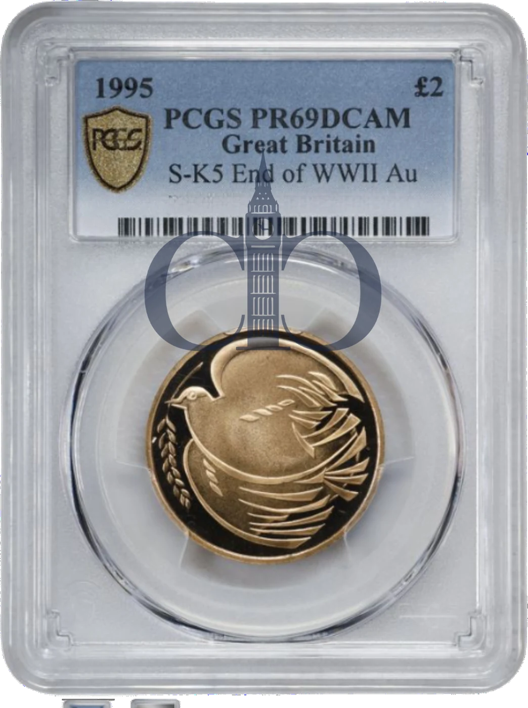 1995 £2 Dove of Peace Proof reverse, John Mills' dove carrying an olive branch, in a PCGS PR69 Deep Cameo holder