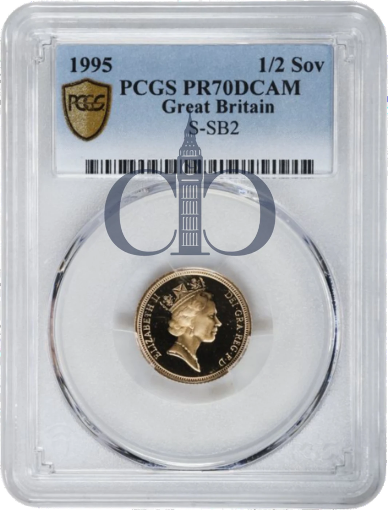 1995 Half Sovereign Proof obverse, Raphael Maklouf's portrait of Queen Elizabeth II, in a PCGS PR70 Deep Cameo holder