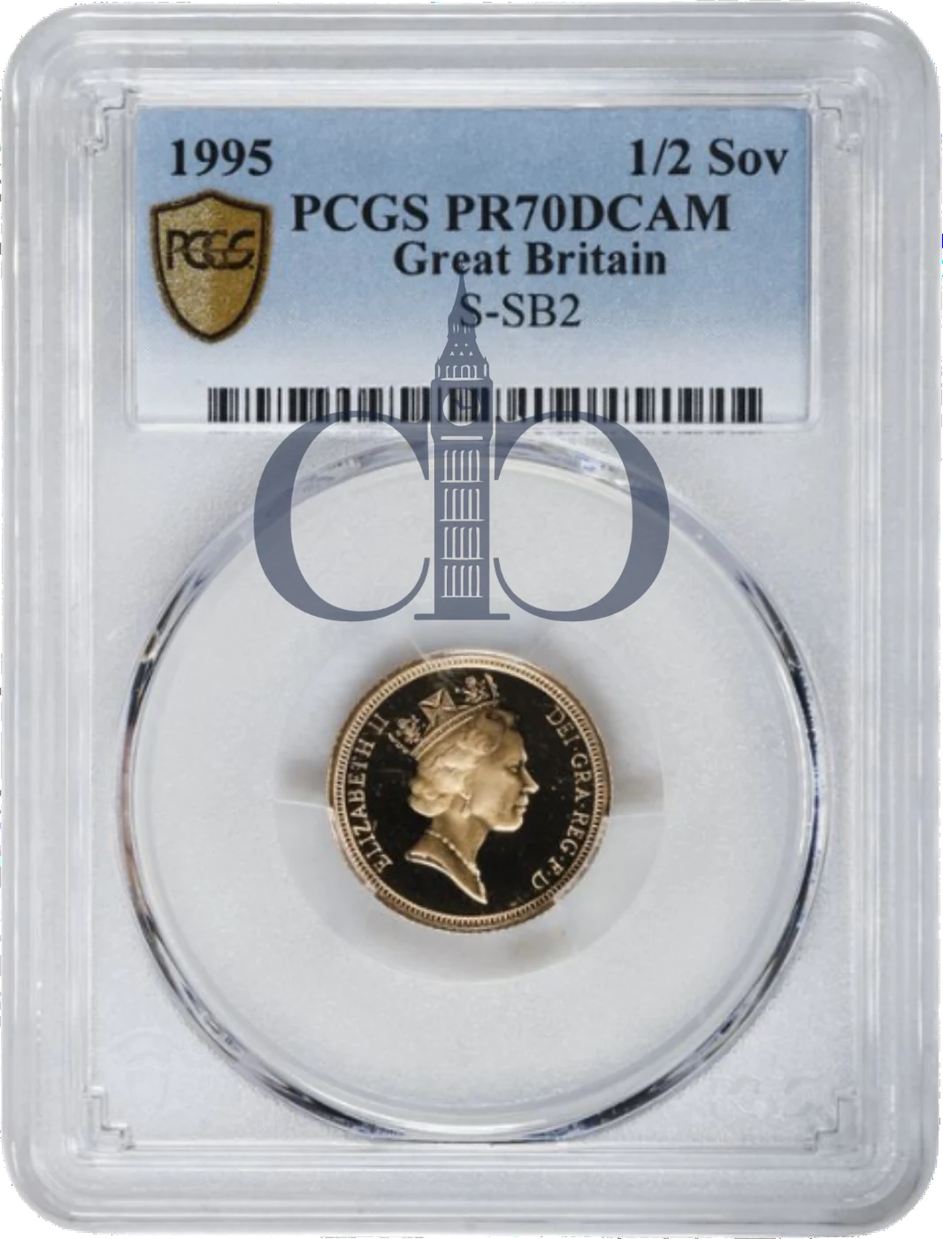 1995 Half Sovereign Proof obverse, Raphael Maklouf's portrait of Queen Elizabeth II, in a PCGS PR70 Deep Cameo holder