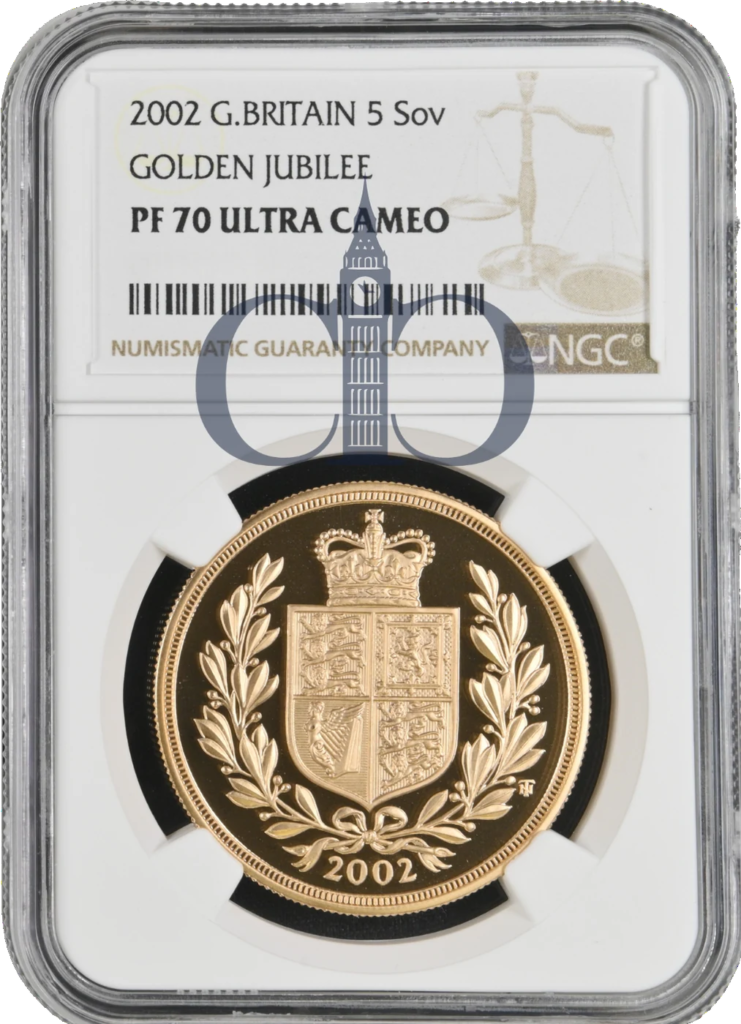2002 £5 Golden Jubilee Proof reverse, Timothy Noad's crowned shield within a wreath, in an NGC PF70 Ultra Cameo holder