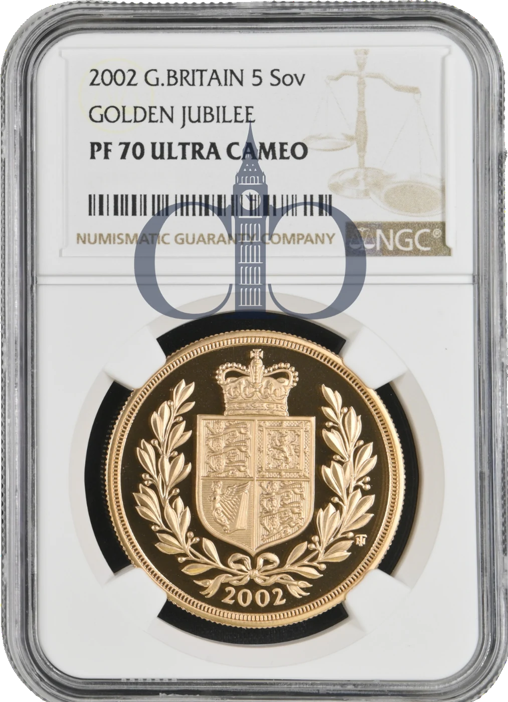 2002 £5 Golden Jubilee Proof reverse, Timothy Noad's crowned shield within a wreath, in an NGC PF70 Ultra Cameo holder
