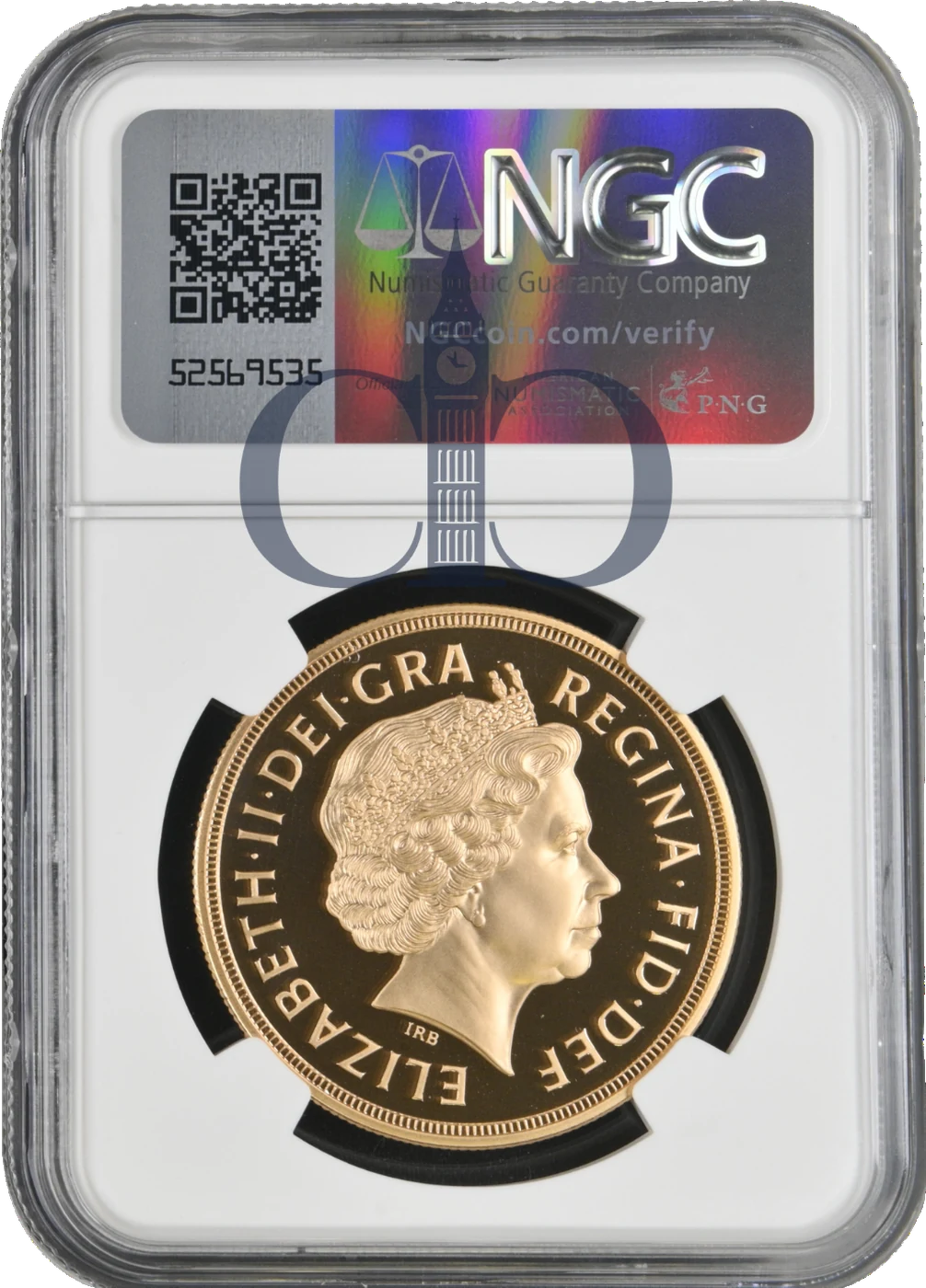 2002 £5 Golden Jubilee Proof obverse, Ian Rank-Broadley's portrait of Queen Elizabeth II, in an NGC PF70 Ultra Cameo holder