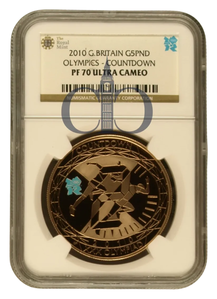2010 £5 Countdown to London Olympics Proof reverse by Claire Aldridge BA