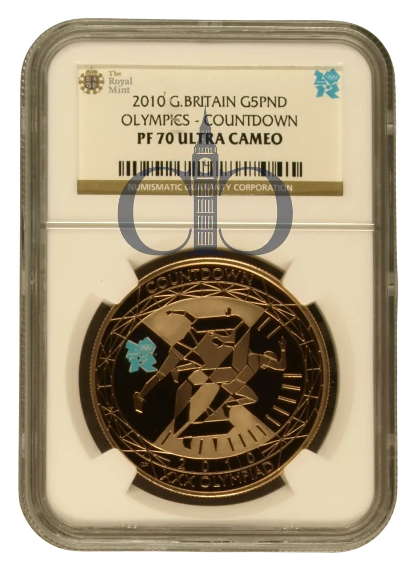 2010 £5 Countdown to London Olympics Proof reverse by Claire Aldridge BA