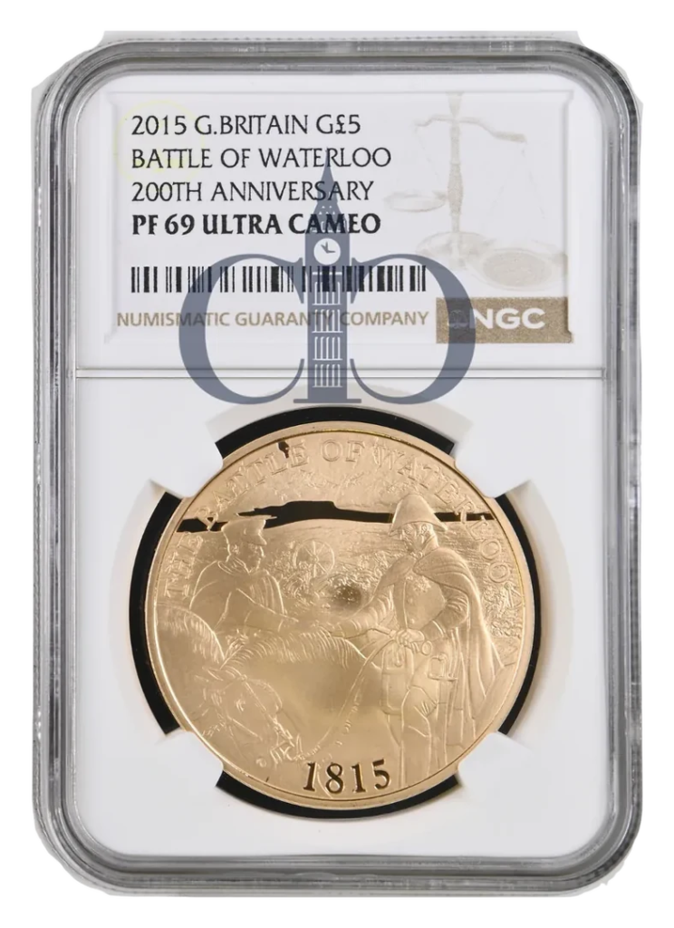 2015 Battle of Waterloo Bicentenary £5 Gold Proof reverse by David LawrenceMaximum Coin