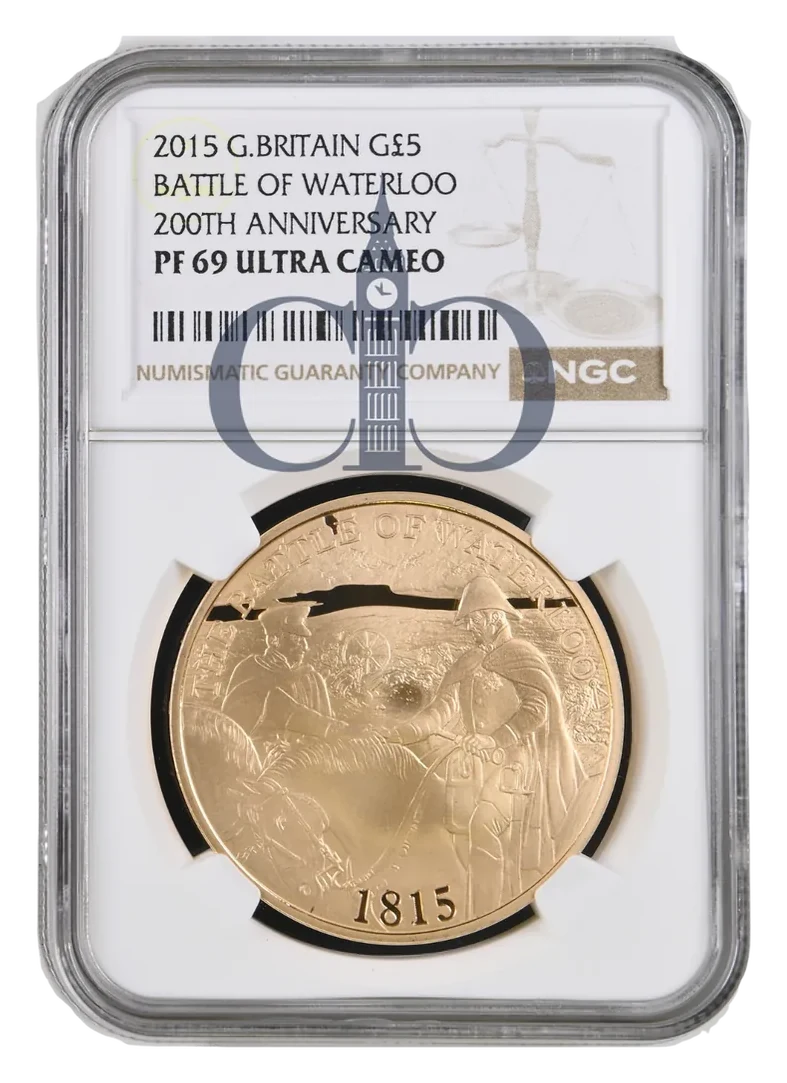 2015 Battle of Waterloo Bicentenary £5 Gold Proof reverse by David LawrenceMaximum Coin