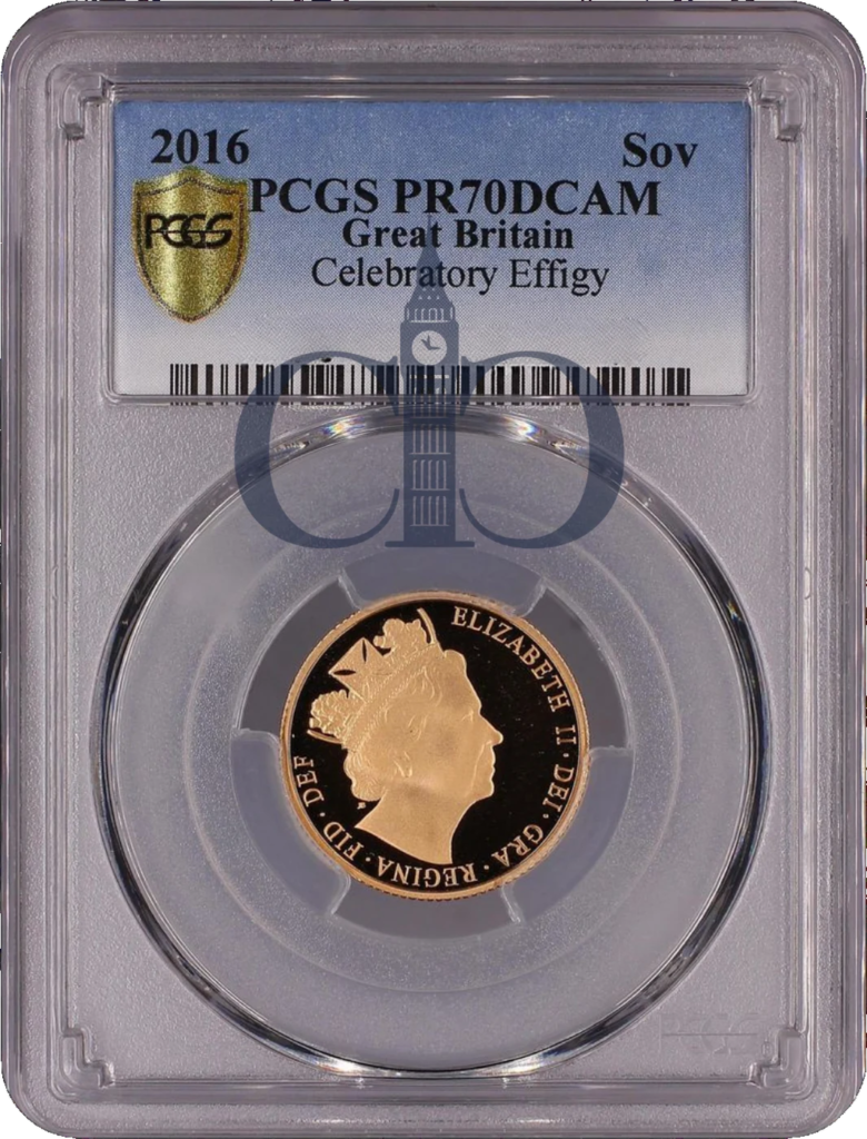 2016 Sovereign James Butler Proof obverse, James Butler's celebratory portrait of Queen Elizabeth II, in a PCGS PR70 Deep Cameo holder