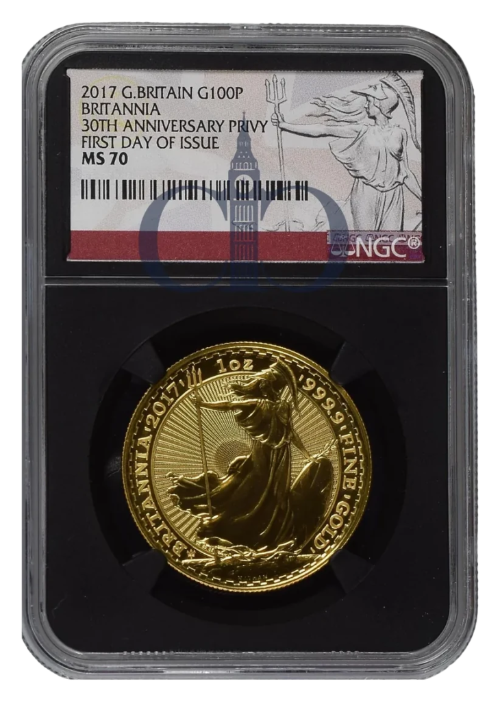 2017 Gold Britannia One Ounce 30th Anniversary Privy First Day of Issue reverse by Philip Nathan