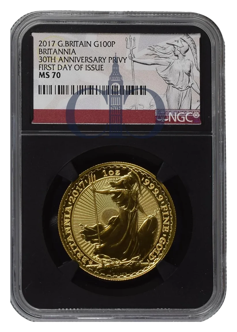 2017 Gold Britannia One Ounce 30th Anniversary Privy First Day of Issue reverse by Philip Nathan