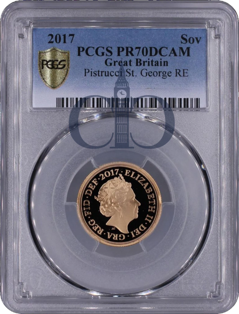 2017 Sovereign 200th Anniversary obverse, Jody Clark's portrait of Queen Elizabeth II, in a PCGS PR70 Deep Cameo holder