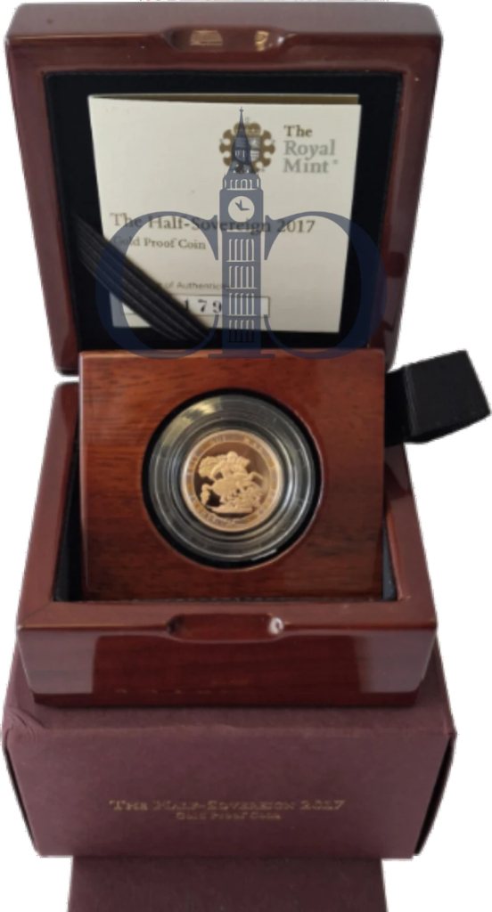 2017 Half Sovereign 200th Anniversary Proof in its Royal Mint presentation box with certificate of authenticity, the reverse showing Pistrucci's Saint George within the garter border