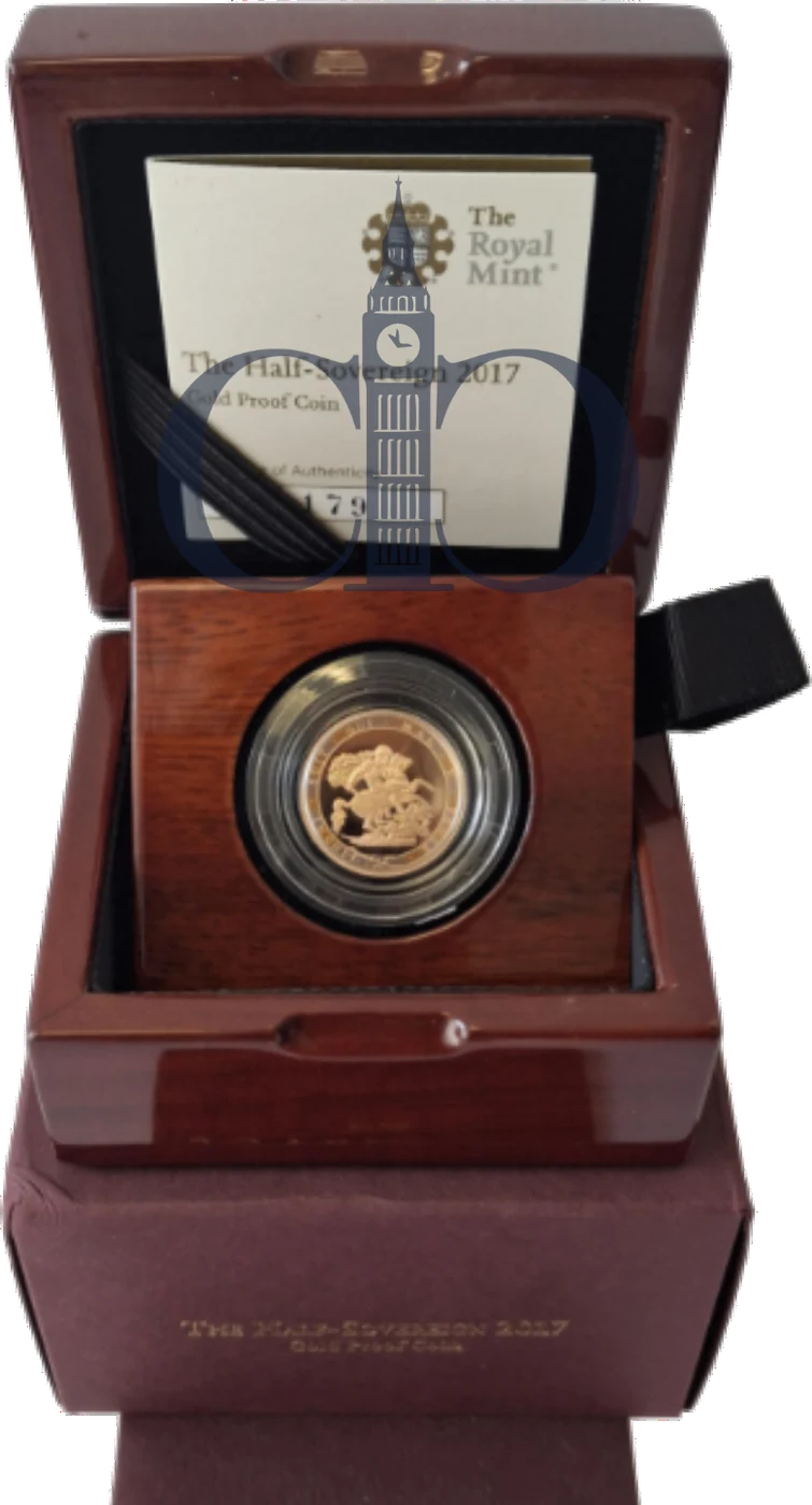 2017 Half Sovereign 200th Anniversary Proof in its Royal Mint presentation box with certificate of authenticity, the reverse showing Pistrucci's Saint George within the garter border