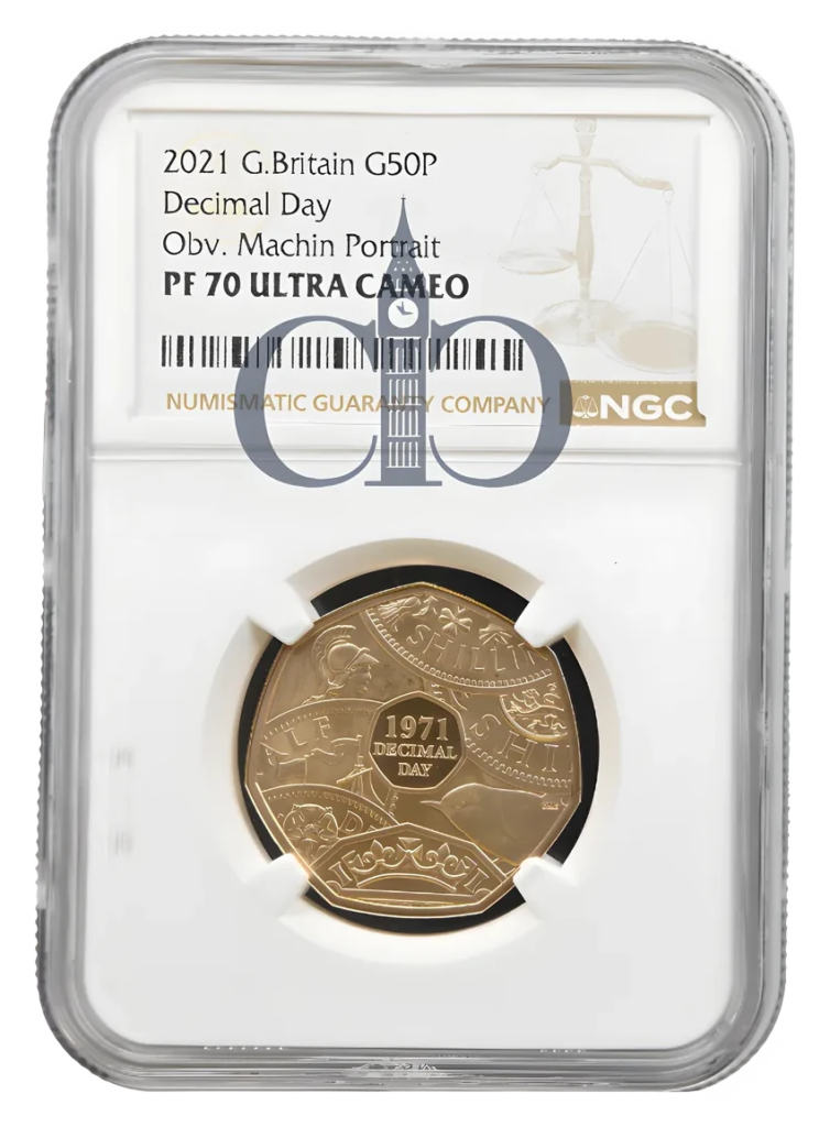 2021 Decimal Day 50p Machin Portrait Gold Proof reverse by Dominique Evans