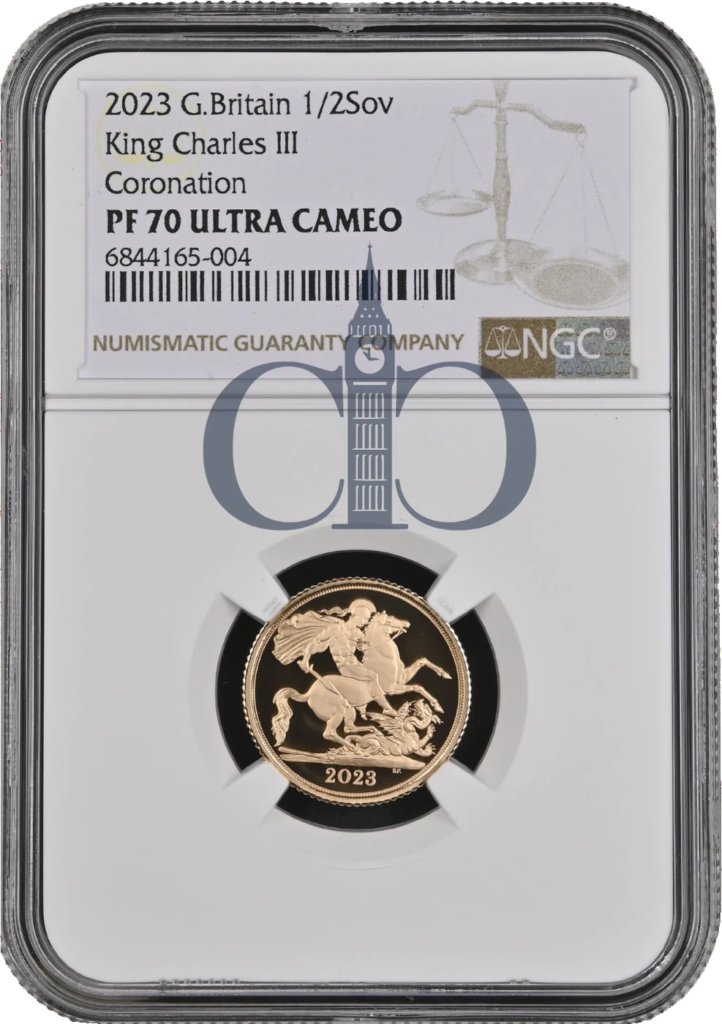 2023 Coronation Half Sovereign reverse, Benedetto Pistrucci's Saint George and the dragon, in an NGC PF70 Ultra Cameo holder