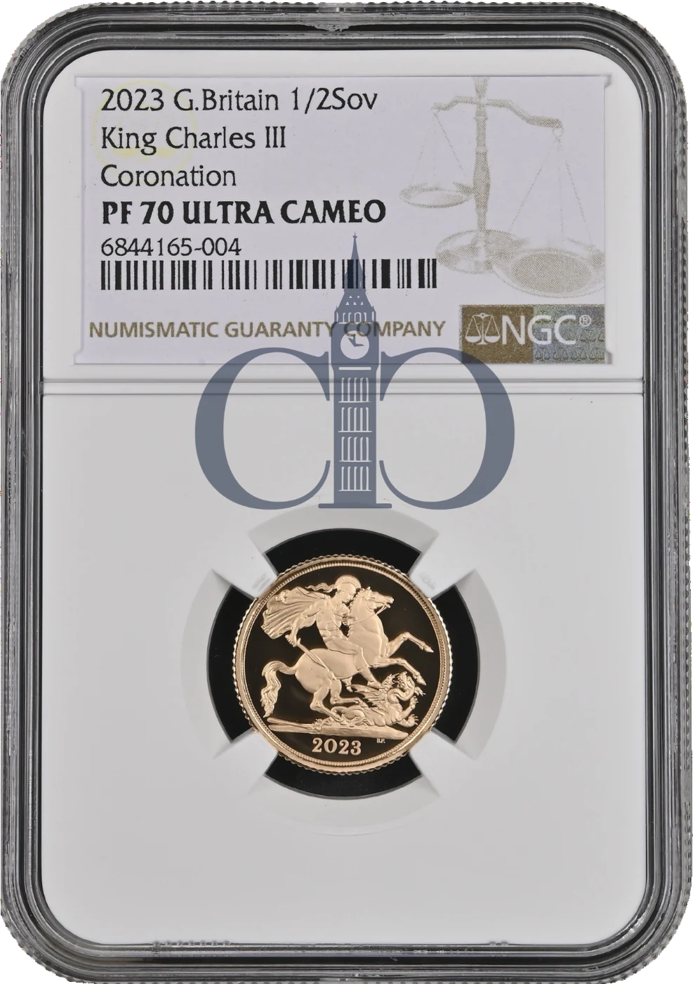2023 Coronation Half Sovereign reverse, Benedetto Pistrucci's Saint George and the dragon, in an NGC PF70 Ultra Cameo holder