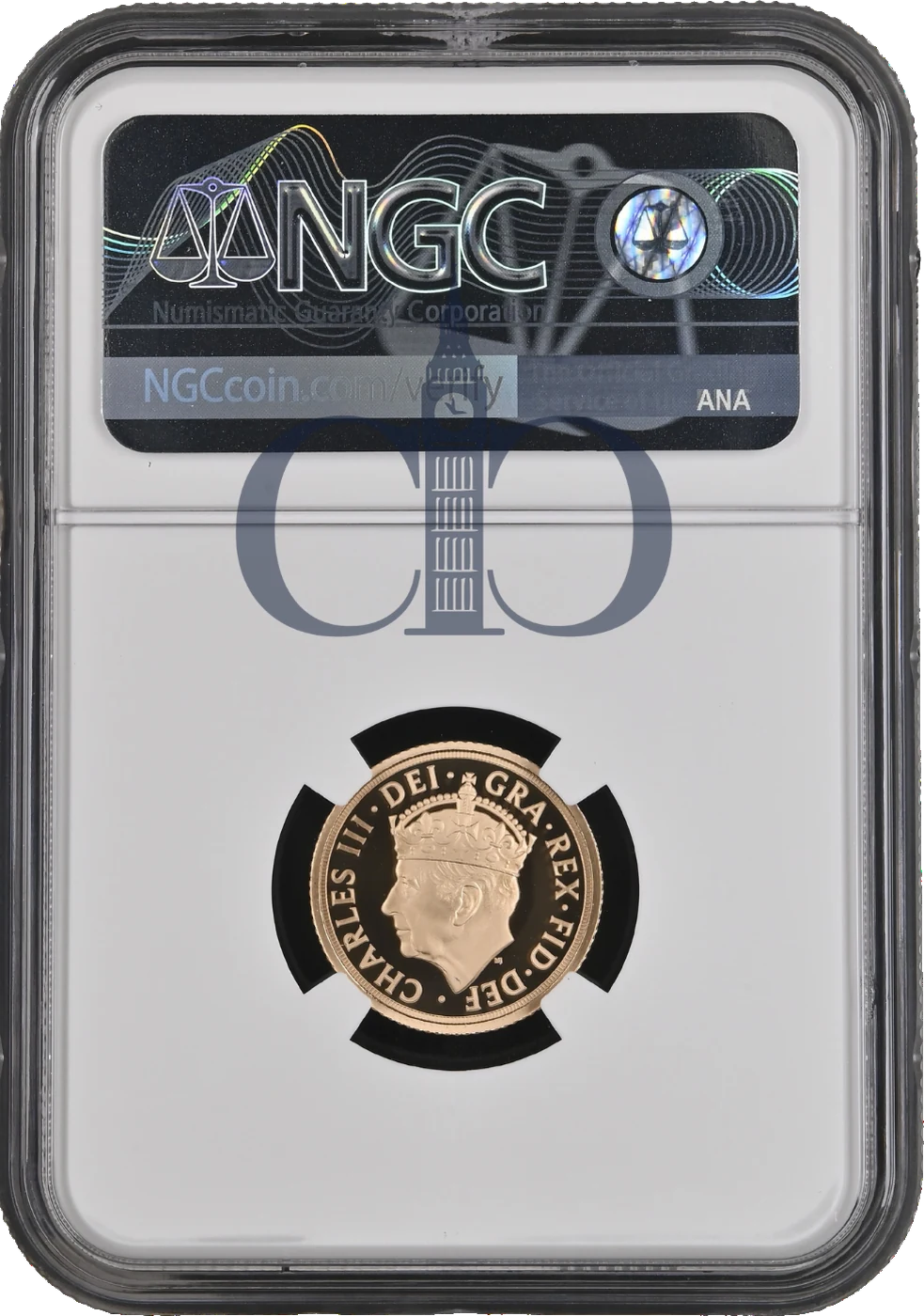 2023 Coronation Half Sovereign obverse, Martin Jennings' crowned portrait of King Charles III, in an NGC PF70 Ultra Cameo holder