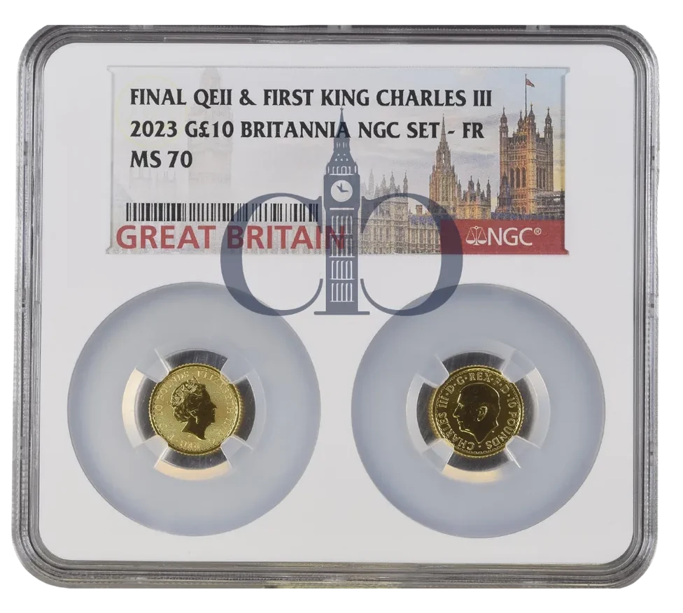 Final QEII & First KCIII 2023 £10 Britannia Set reverse by Philip Nathan